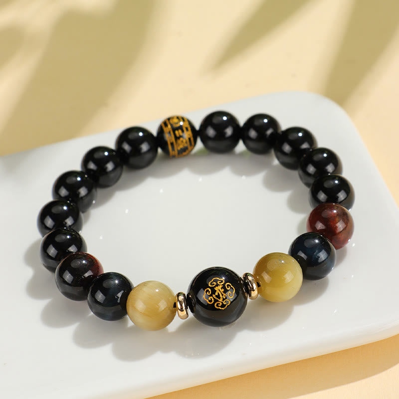 Bracelet de soutien Bouddha Natal en Buddha Stones en onyx noir et œil de tigre Om Mani Padme Hum du zodiaque chinois
