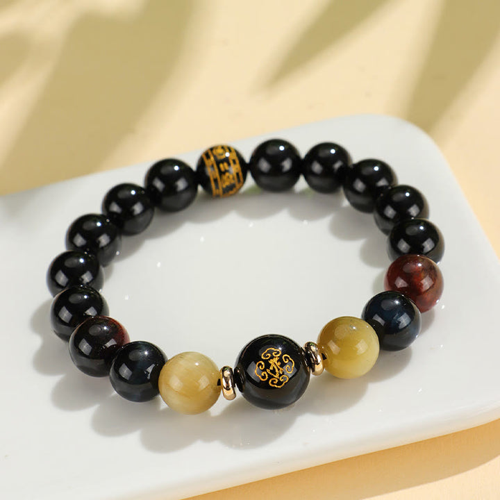 Bracelet de soutien Bouddha Natal en Buddha Stones en onyx noir et œil de tigre Om Mani Padme Hum du zodiaque chinois