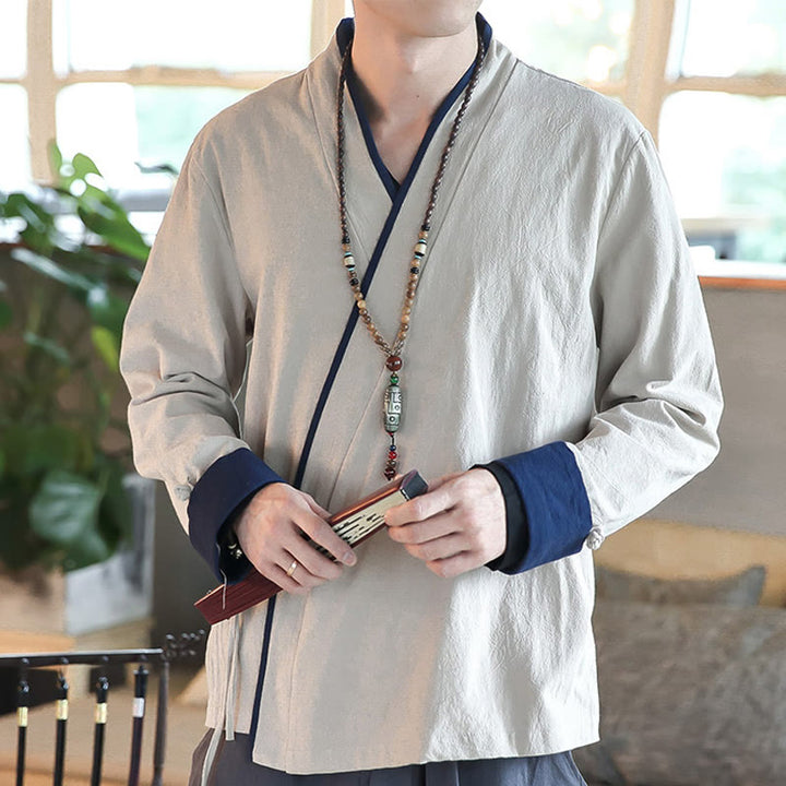 Chemise à manches longues à lacets en lin avec blocs de couleurs d'automne Buddha Stones Vêtements pour hommes