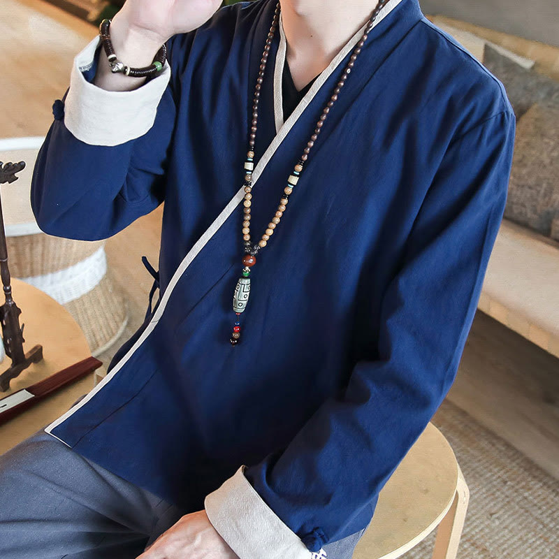 Chemise à manches longues à lacets en lin avec blocs de couleurs d'automne Buddha Stones Vêtements pour hommes