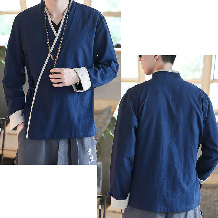 Chemise à manches longues à lacets en lin avec blocs de couleurs d'automne Buddha Stones Vêtements pour hommes