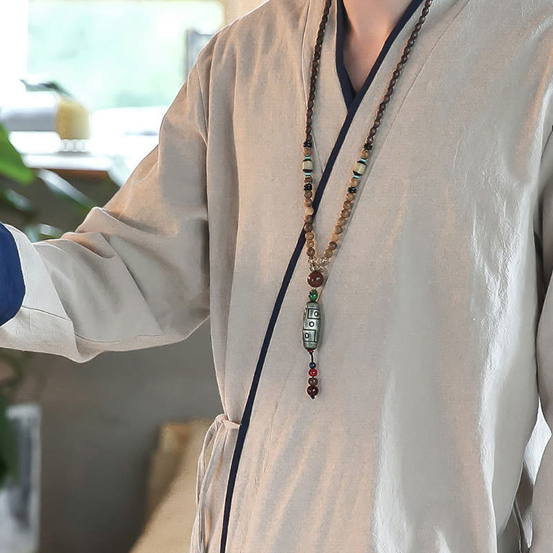 Chemise à manches longues à lacets en lin avec blocs de couleurs d'automne Buddha Stones Vêtements pour hommes