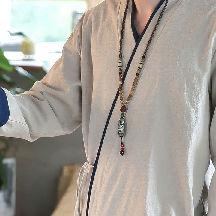 Chemise à manches longues à lacets en lin avec blocs de couleurs d'automne Buddha Stones Vêtements pour hommes