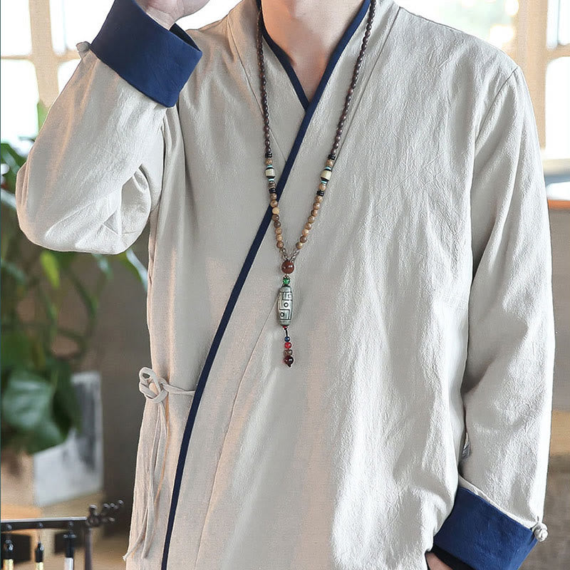 Chemise à manches longues à lacets en lin avec blocs de couleurs d'automne Buddha Stones Vêtements pour hommes