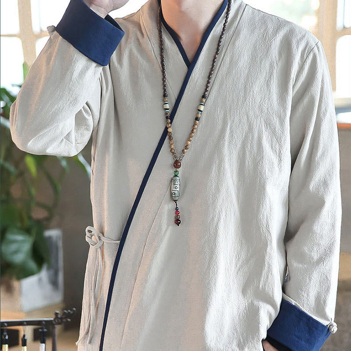 Chemise à manches longues à lacets en lin avec blocs de couleurs d'automne Buddha Stones Vêtements pour hommes