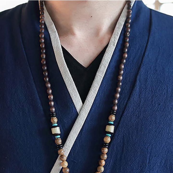 Chemise à manches longues à lacets en lin avec blocs de couleurs d'automne Buddha Stones Vêtements pour hommes