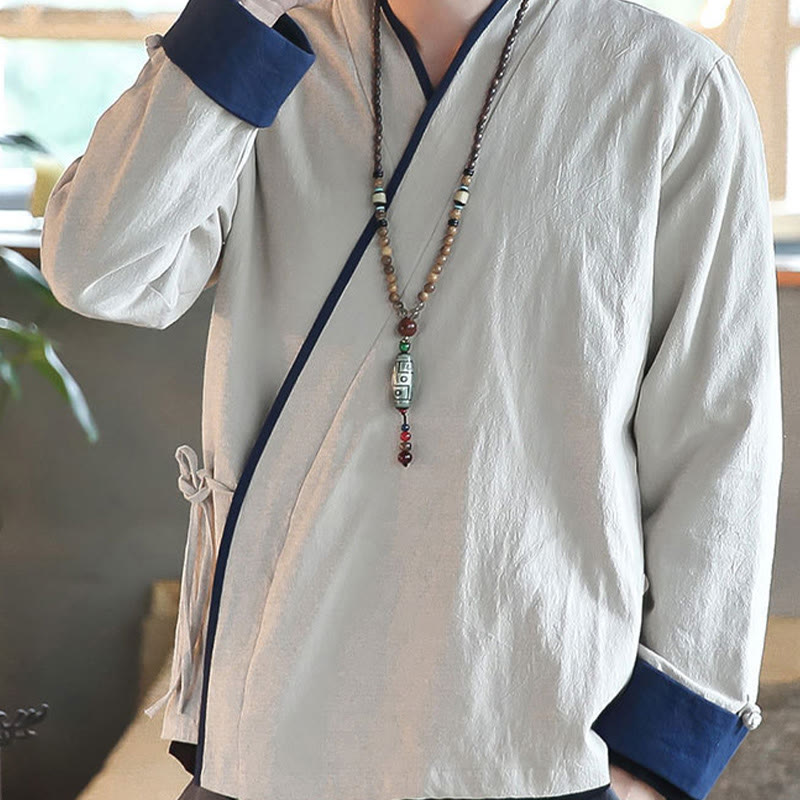 Chemise à manches longues à lacets en lin avec blocs de couleurs d'automne Buddha Stones Vêtements pour hommes