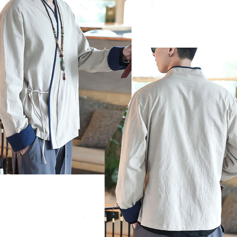 Chemise à manches longues à lacets en lin avec blocs de couleurs d'automne Buddha Stones Vêtements pour hommes