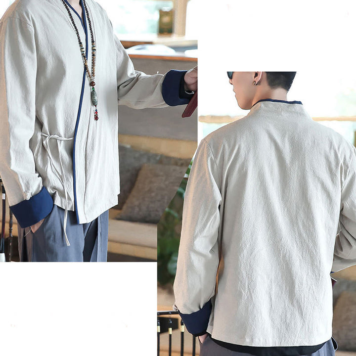 Chemise à manches longues à lacets en lin avec blocs de couleurs d'automne Buddha Stones Vêtements pour hommes