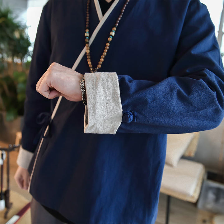 Chemise à manches longues à lacets en lin avec blocs de couleurs d'automne Buddha Stones Vêtements pour hommes