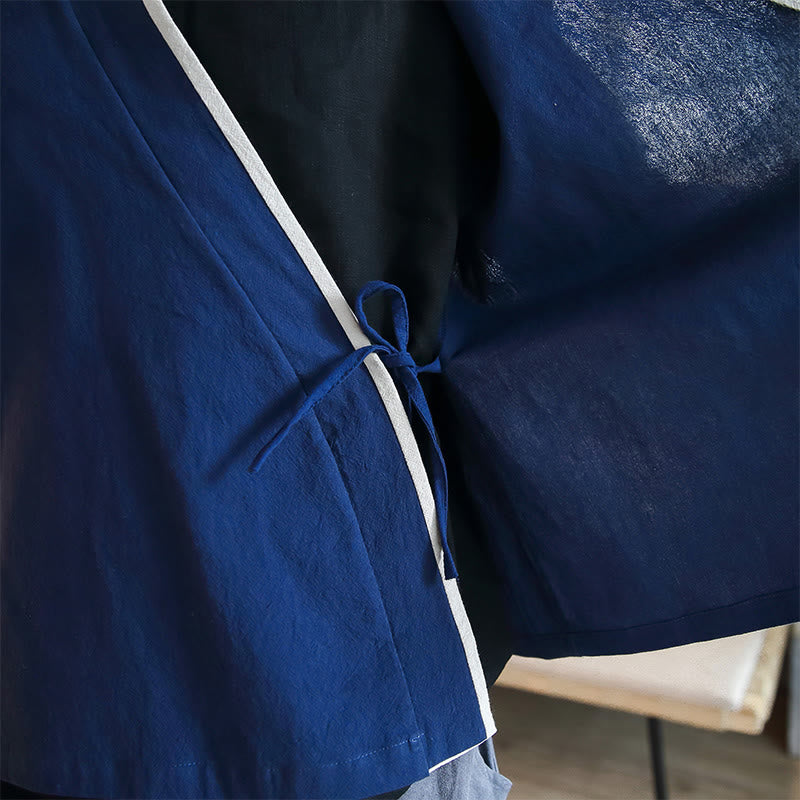 Chemise à manches longues à lacets en lin avec blocs de couleurs d'automne Buddha Stones Vêtements pour hommes