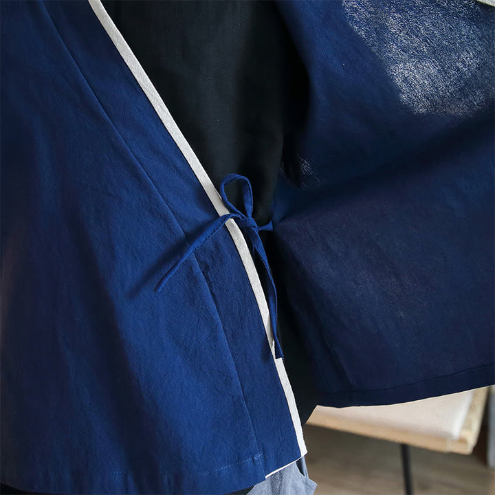 Chemise à manches longues à lacets en lin avec blocs de couleurs d'automne Buddha Stones Vêtements pour hommes