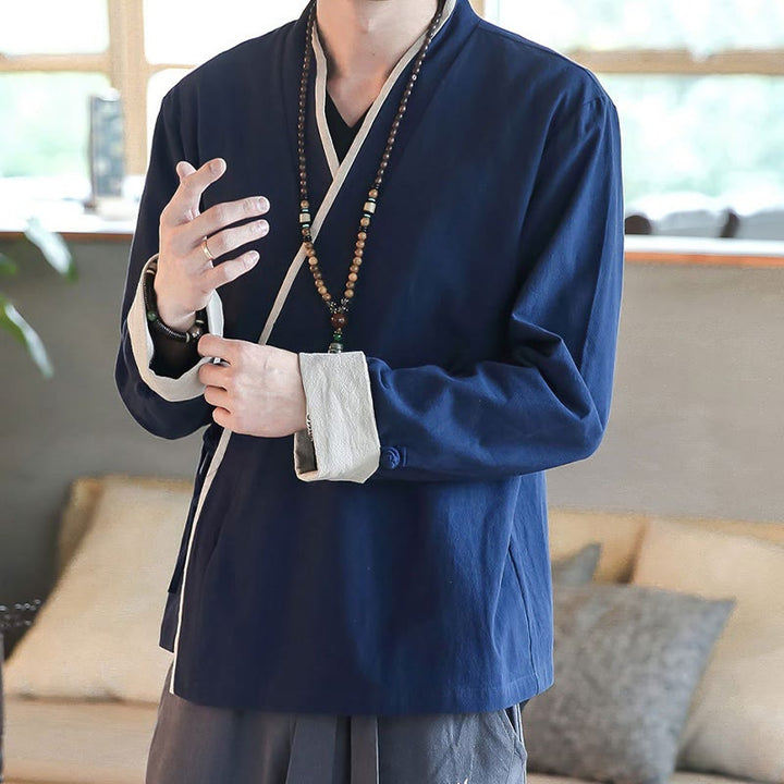 Chemise à manches longues à lacets en lin avec blocs de couleurs d'automne Buddha Stones Vêtements pour hommes