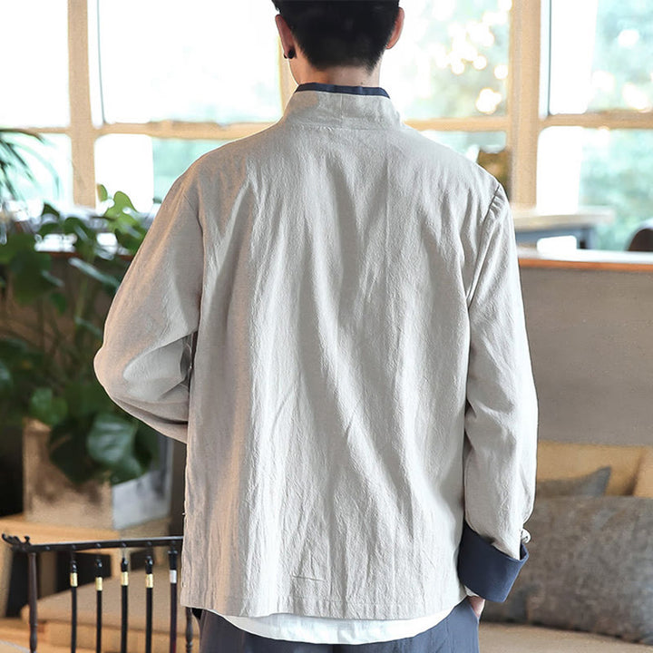 Chemise à manches longues à lacets en lin avec blocs de couleurs d'automne Buddha Stones Vêtements pour hommes