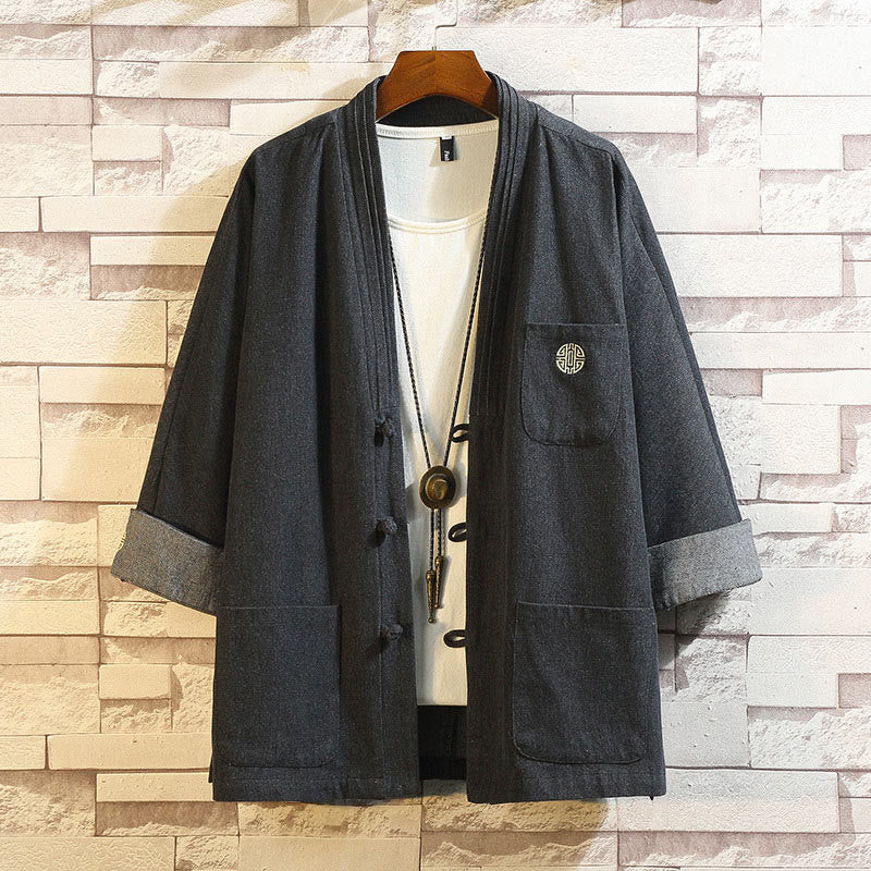 Veste de costume Tang à boutons de grenouille pour hommes Buddha Stones, chemise à manches trois-quarts avec poches - Noir - US/UK/AU46,EU56 (5XL) - image 0