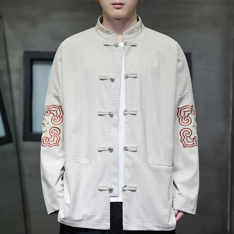 Buddha Stones Chemise longue en velours côtelé et coton avec boutons de grenouille pour homme avec poches