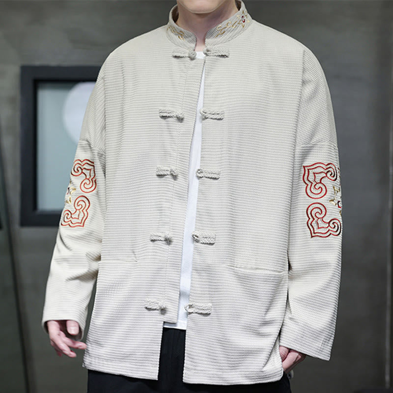 Buddha Stones Chemise longue en velours côtelé et coton avec boutons de grenouille pour homme avec poches