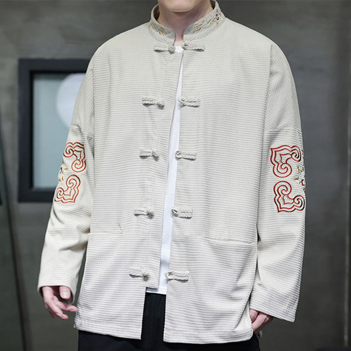 Buddha Stones Chemise longue en velours côtelé et coton avec boutons de grenouille pour homme avec poches