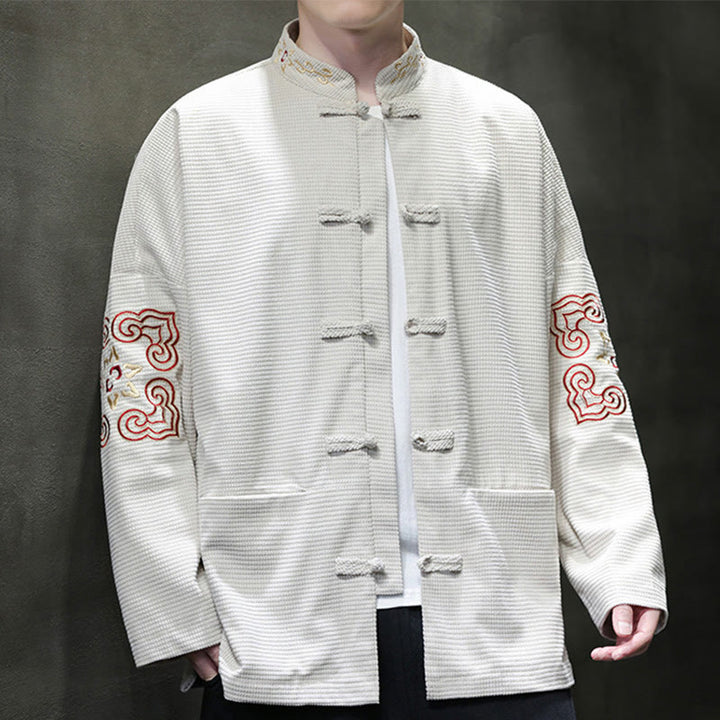 Buddha Stones Chemise longue en velours côtelé et coton avec boutons de grenouille pour homme avec poches