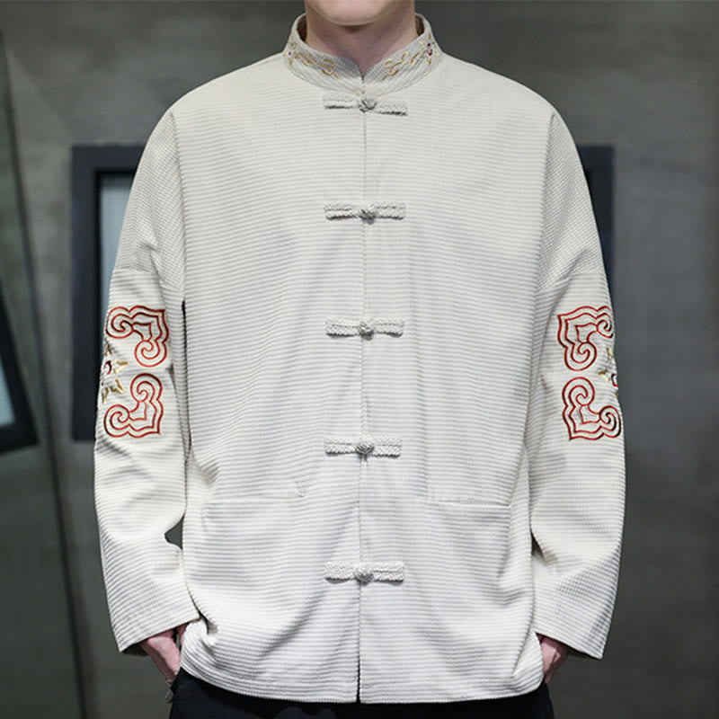 Buddha Stones Chemise longue en velours côtelé et coton avec boutons de grenouille pour homme avec poches