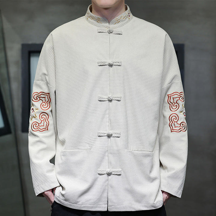 Buddha Stones Chemise longue en velours côtelé et coton avec boutons de grenouille pour homme avec poches