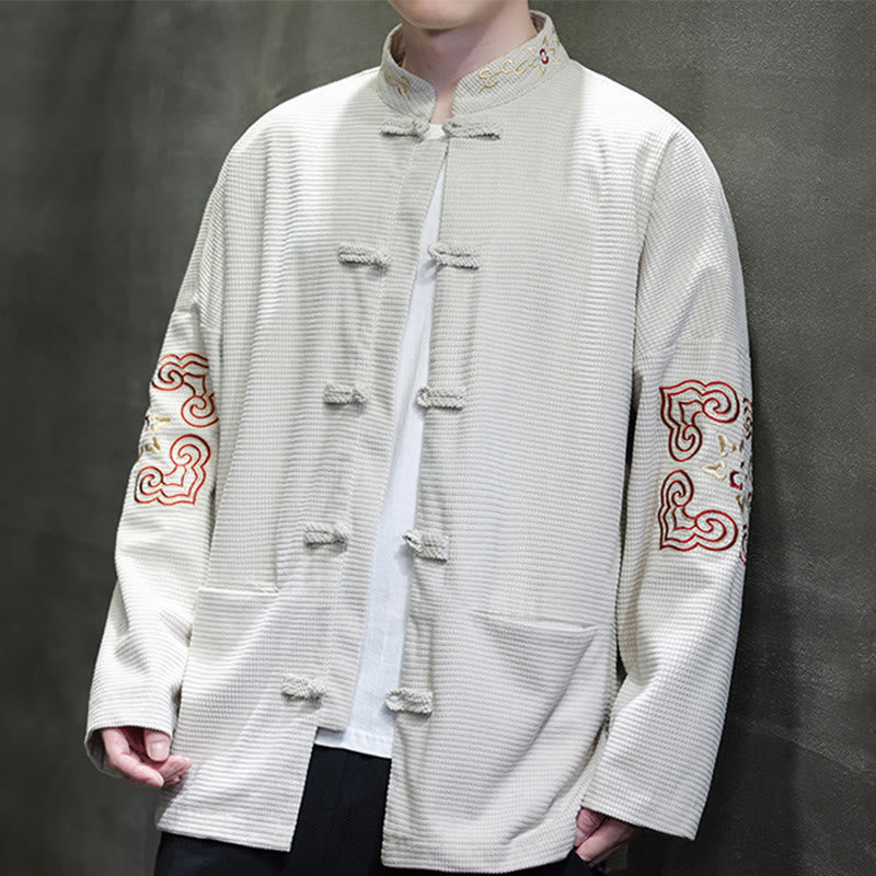 Buddha Stones Chemise longue en velours côtelé et coton avec boutons de grenouille pour homme avec poches