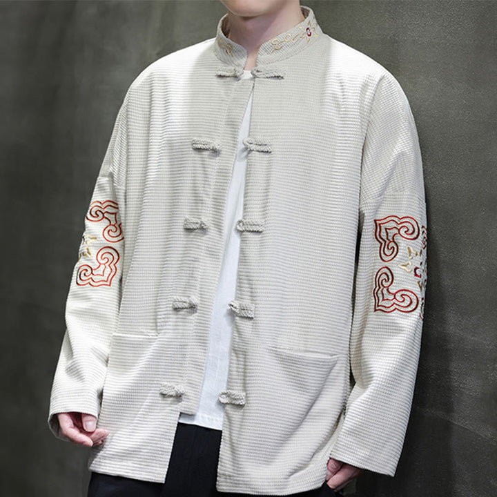 Buddha Stones Chemise longue en velours côtelé et coton avec boutons de grenouille pour homme avec poches