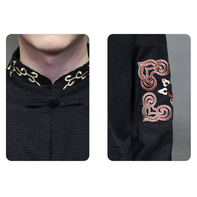 Buddha Stones Chemise longue en velours côtelé et coton avec boutons de grenouille pour homme avec poches