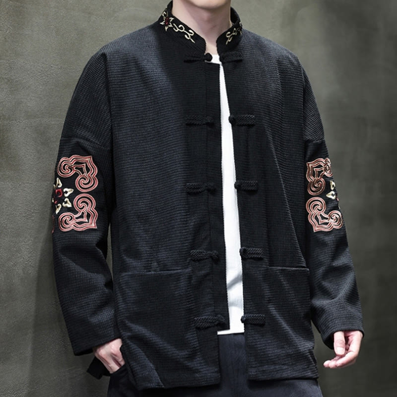 Buddha Stones Chemise longue en velours côtelé et coton avec boutons de grenouille pour homme avec poches