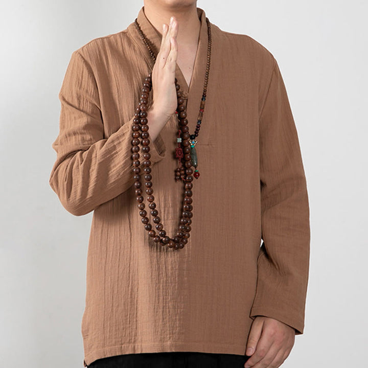 T-shirt à manches longues et col en V simple avec Buddha Stones en coton pour homme