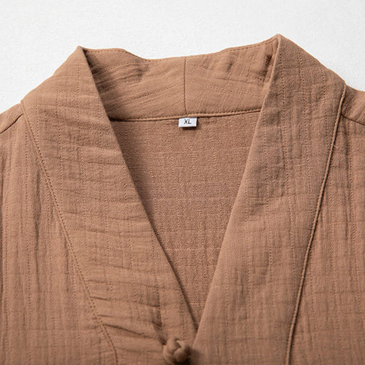 T-shirt à manches longues et col en V simple avec Buddha Stones en coton pour homme