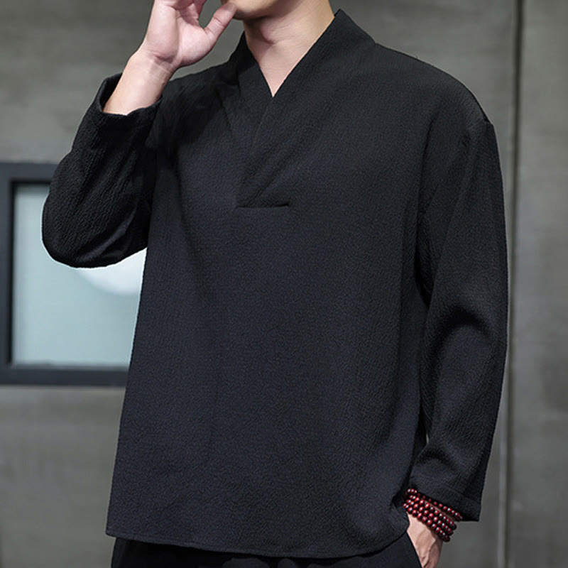 T-shirt à manches longues et col en V simple avec Buddha Stones pour hommes - image 12