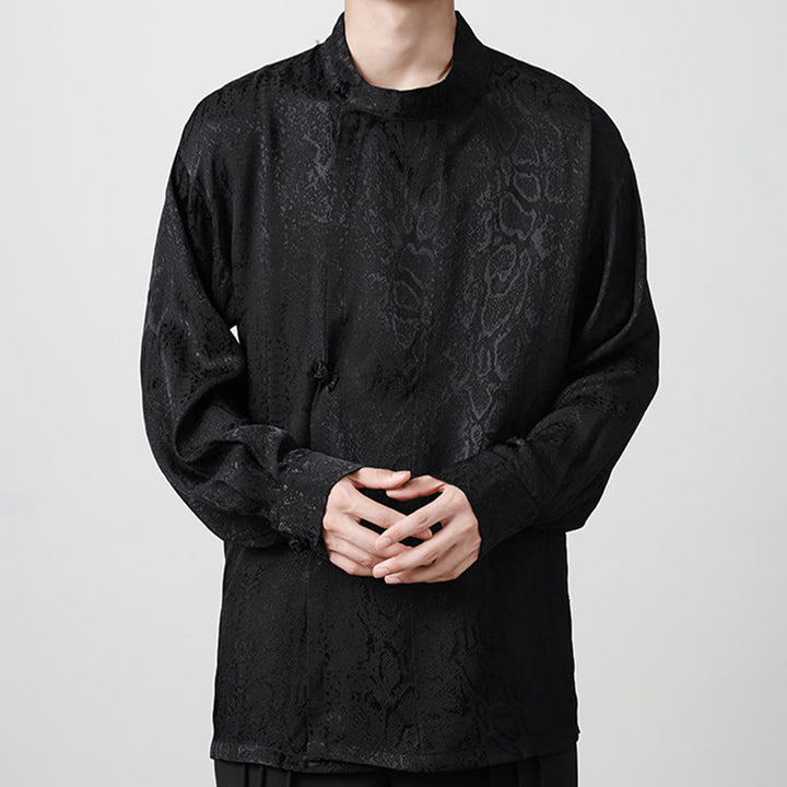 Chemise à manches longues et boutons de grenouille en jacquard avec Buddha Stones pour hommes - Noir - US/UK/AU46,EU56 (5XL) - image 11