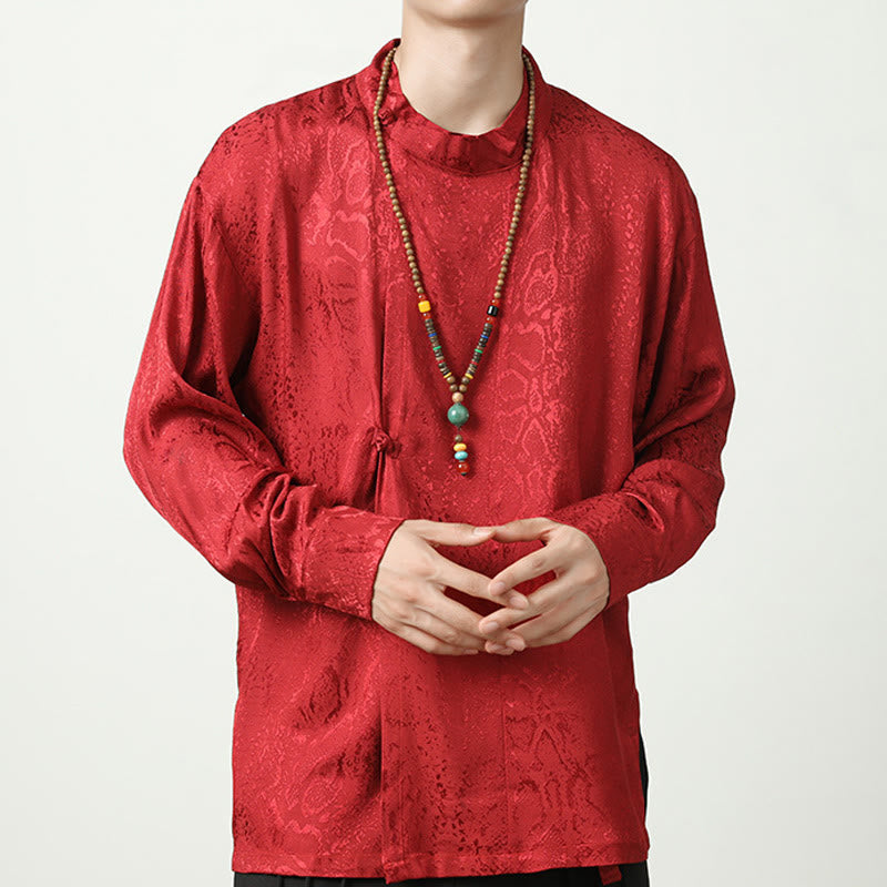 Chemise à manches longues et boutons de grenouille en jacquard avec Buddha Stones pour hommes - Rouge - US/UK/AU46,EU56 (5XL) - image 19