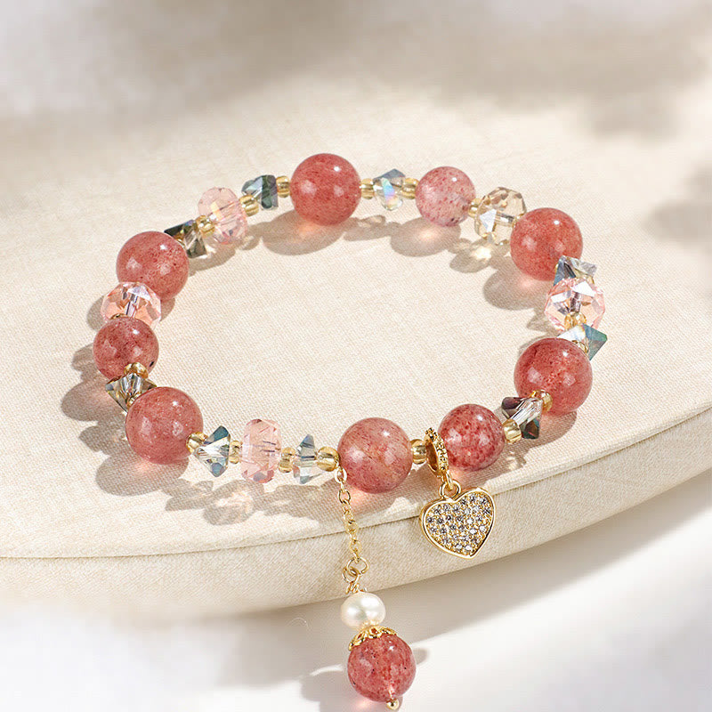 Bracelet de guérison en forme de cœur Liuli en perles de cristal blanc et quartz fraise Buddha Stones