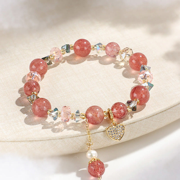 Bracelet de guérison en forme de cœur Liuli en perles de cristal blanc et quartz fraise Buddha Stones