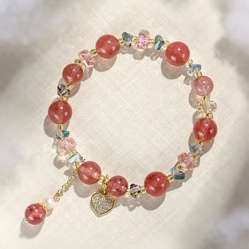 Bracelet de guérison en forme de cœur Liuli en perles de cristal blanc et quartz fraise Buddha Stones