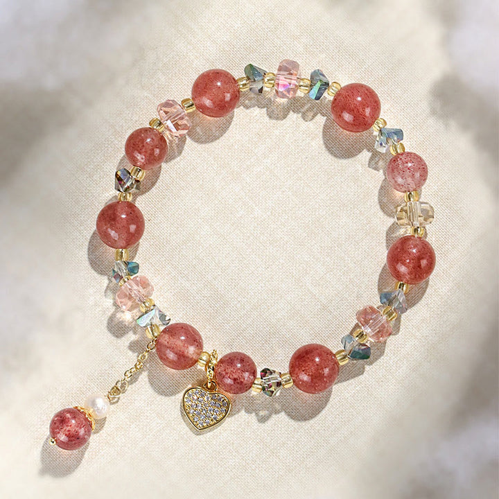Bracelet de guérison en forme de cœur Liuli en perles de cristal blanc et quartz fraise Buddha Stones