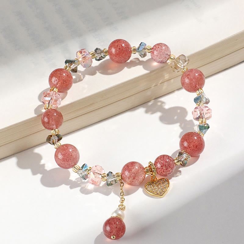 Bracelet de guérison en forme de cœur Liuli en perles de cristal blanc et quartz fraise Buddha Stones