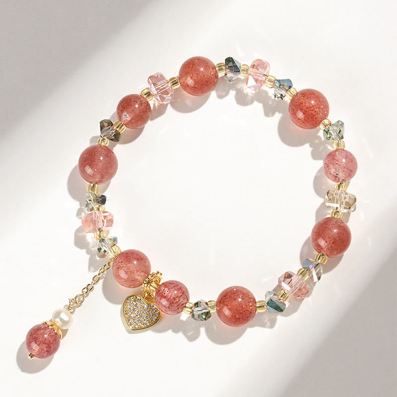 Bracelet de guérison en forme de cœur Liuli en perles de cristal blanc et quartz fraise Buddha Stones