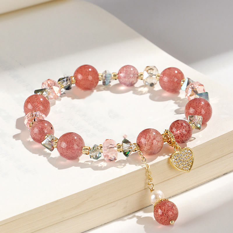 Bracelet de guérison en forme de cœur Liuli en perles de cristal blanc et quartz fraise Buddha Stones