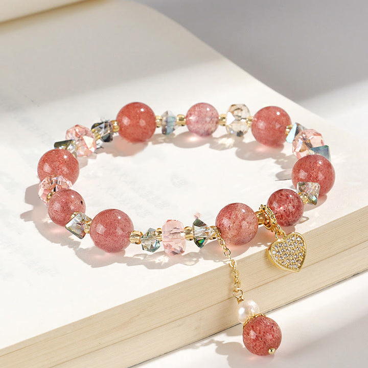 Bracelet de guérison en forme de cœur Liuli en perles de cristal blanc et quartz fraise Buddha Stones