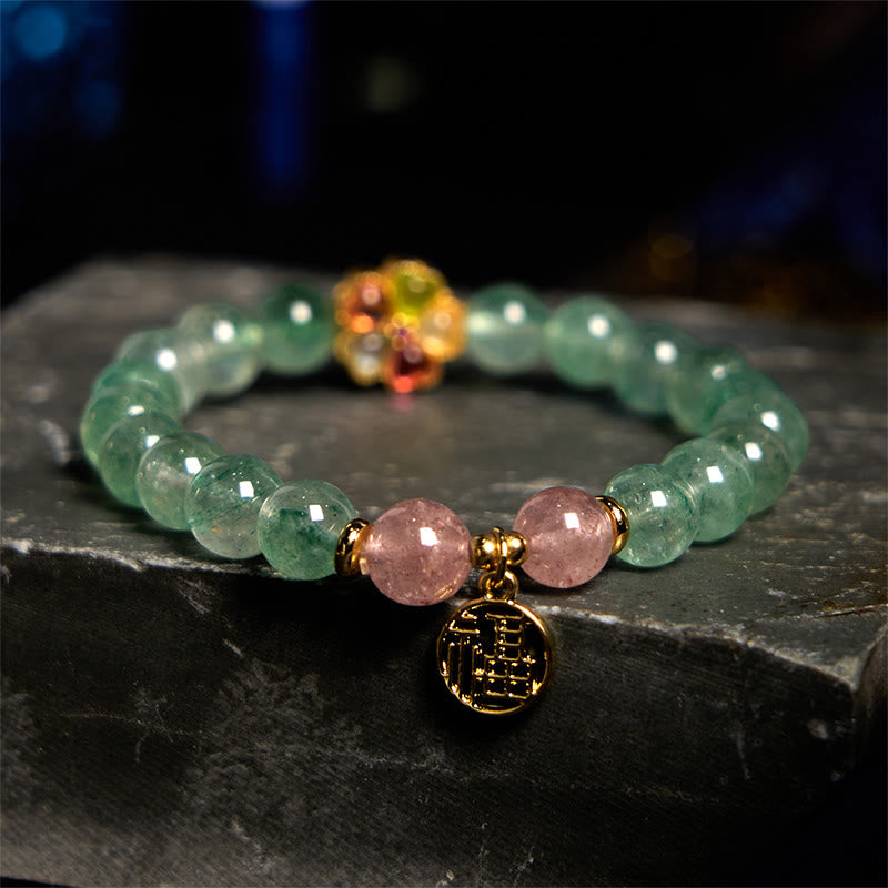 Bracelet de caractère Fu apaisant en quartz vert fraise naturel Buddha Stones