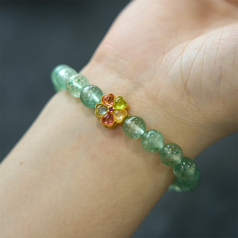 Bracelet de caractère Fu apaisant en quartz vert fraise naturel Buddha Stones