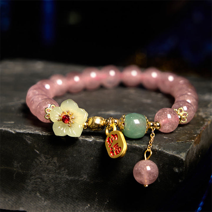 Bracelet de guérison et de positivité en quartz fraise naturel Buddha Stones