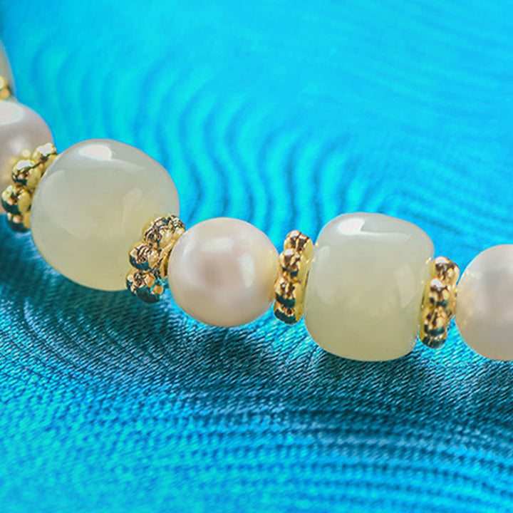 Bracelet d'abondance avec pendentif en trèfle à quatre feuilles en alliage de perles de jade Hetian et Buddha Stones
