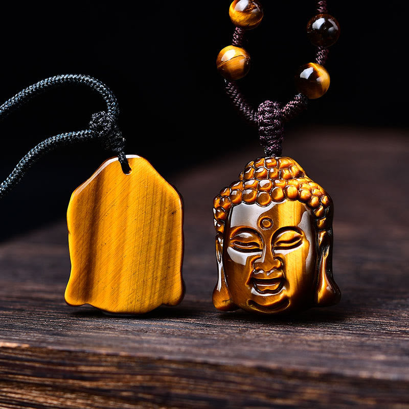 Collier pendentif courageux en forme de tête de Bouddha avec Buddha Stones et œil de tigre - image 19