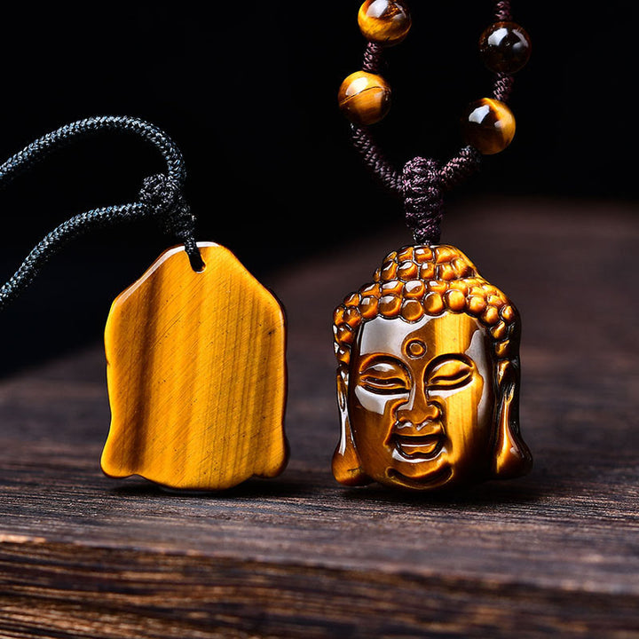 Collier pendentif courageux en forme de tête de Bouddha avec Buddha Stones et œil de tigre - image 19