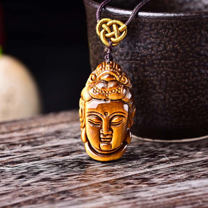 Collier pendentif en Buddha Stones œil de tigre Kwan Yin Avalokitesvara tête chaîne force
