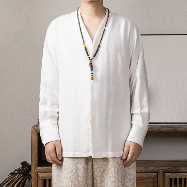 Chemise à manches longues en lin pour homme à col en V et Buddha Stones Zen Clothing - Blanc - US/UK/AU44,EU54 (4XL) - image 0